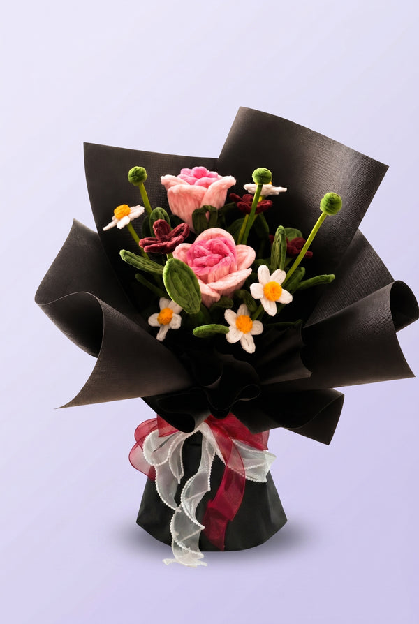 Pink Rose Garden Bouquet - handcrafted chenille forever flowers in black wrap