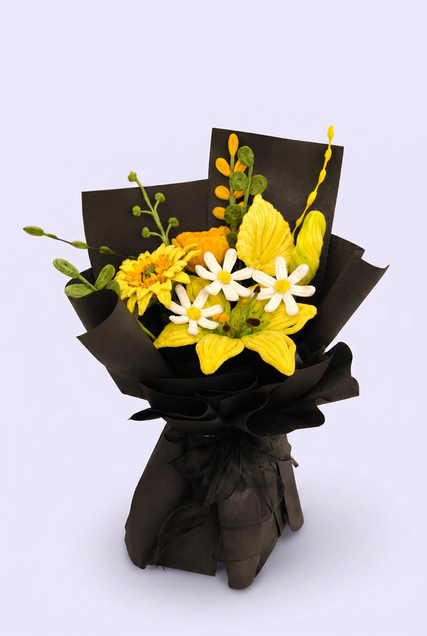 Golden Lily Bouquet - handcrafted chenille forever flowers in black wrap