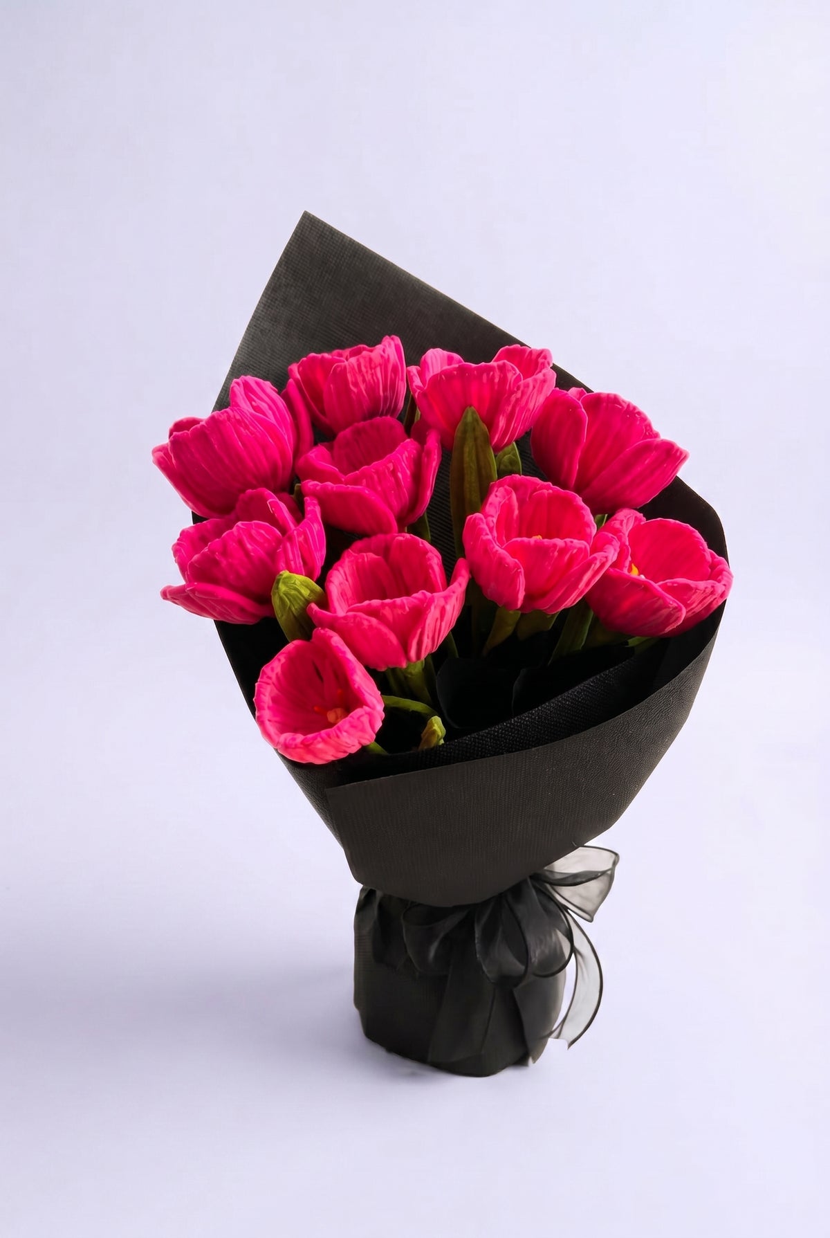 Magenta Tulip Bouquet - handcrafted chenille forever flowers in black wrap