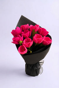 Magenta Tulip Bouquet - handcrafted chenille forever flowers in black wrap