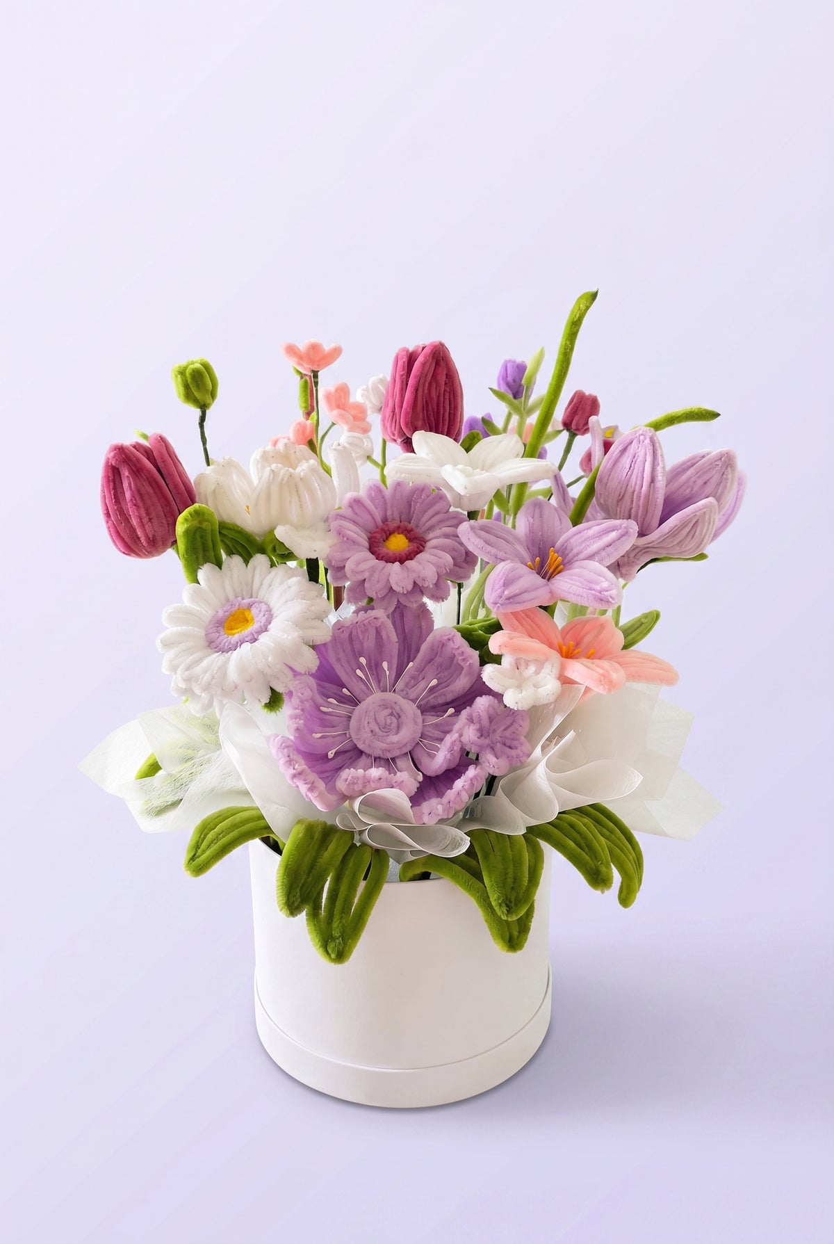 Pastel Garden Hat Box - handcrafted chenille forever flowers