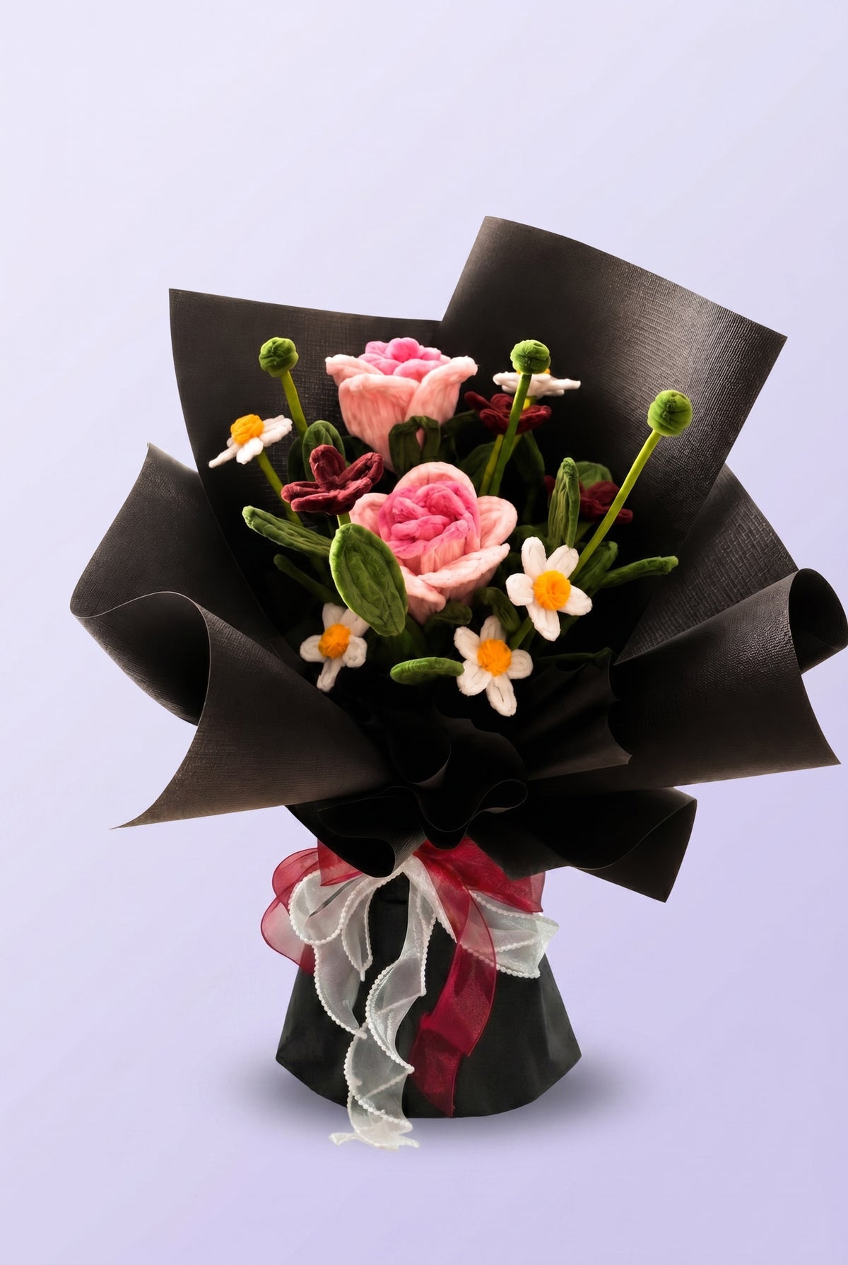 Pink Rose Garden Bouquet - handcrafted chenille forever flowers in black wrap
