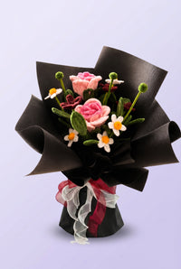 Pink Rose Garden Bouquet - handcrafted chenille forever flowers in black wrap