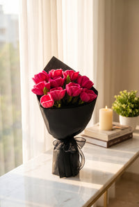 Magenta Tulip Bouquet - handcrafted chenille forever flowers in black wrap