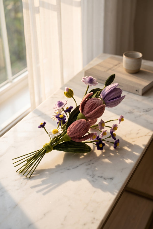 Lilac Tulip Bunch - a hand-tied bunch of handcrafted chenille forever flowers