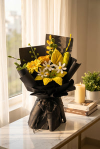 Golden Lily Bouquet - handcrafted chenille forever flowers in black wrap