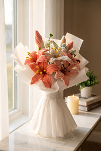 Coral Lily Bouquet - handcrafted chenille forever flowers in white wrap