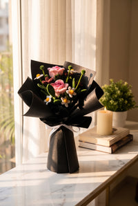Pink Rose Garden Bouquet - handcrafted chenille forever flowers in black wrap