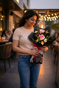 Pink Rose Garden Bouquet - handcrafted chenille forever flowers in black wrap