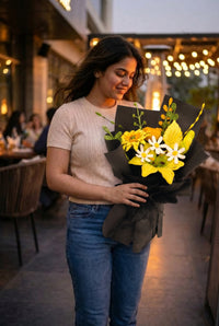 Golden Lily Bouquet - handcrafted chenille forever flowers in black wrap