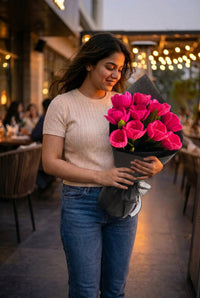Magenta Tulip Bouquet - handcrafted chenille forever flowers in black wrap