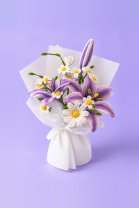 Amethyst Lily Bouquet - handcrafted chenille forever flowers in white wrap