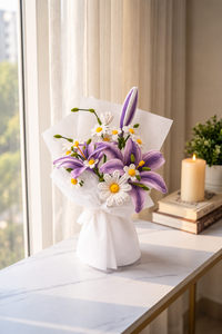 Amethyst Lily Bouquet - handcrafted chenille forever flowers in white wrap