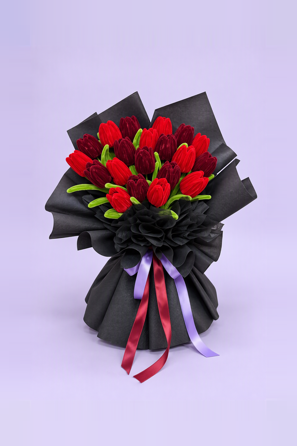 Crimson Embers - handcrafted chenille forever flowers in black wrap