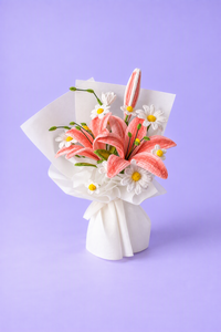 Guava Lily Bouquet - handcrafted chenille forever flowers in white wrap