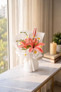 Guava Lily Bouquet - handcrafted chenille forever flowers in white wrap