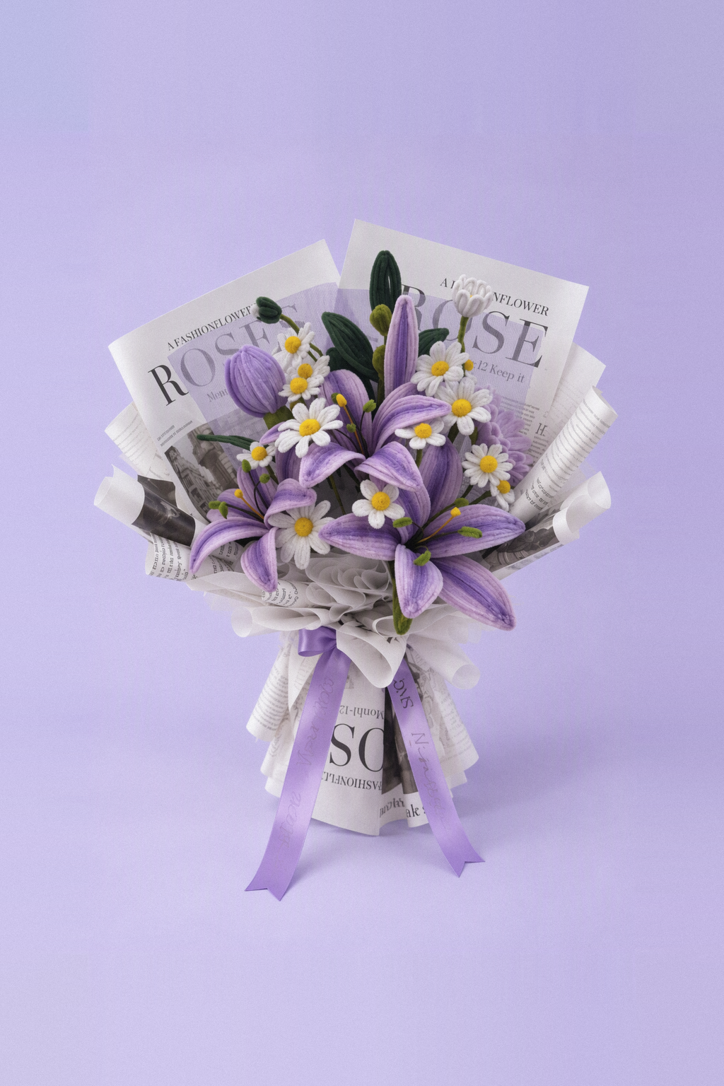 Lilac Reverie - handcrafted chenille forever flowers in white newsprint wrap