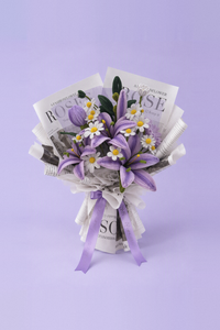 Lilac Reverie - handcrafted chenille forever flowers in white newsprint wrap