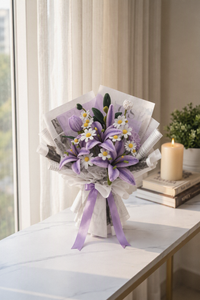 Lilac Reverie - handcrafted chenille forever flowers in white newsprint wrap